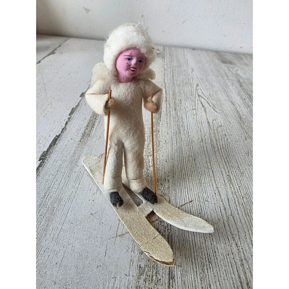 Vintage 4.5 inch Japan skier spun glass figurine Xmas decor large